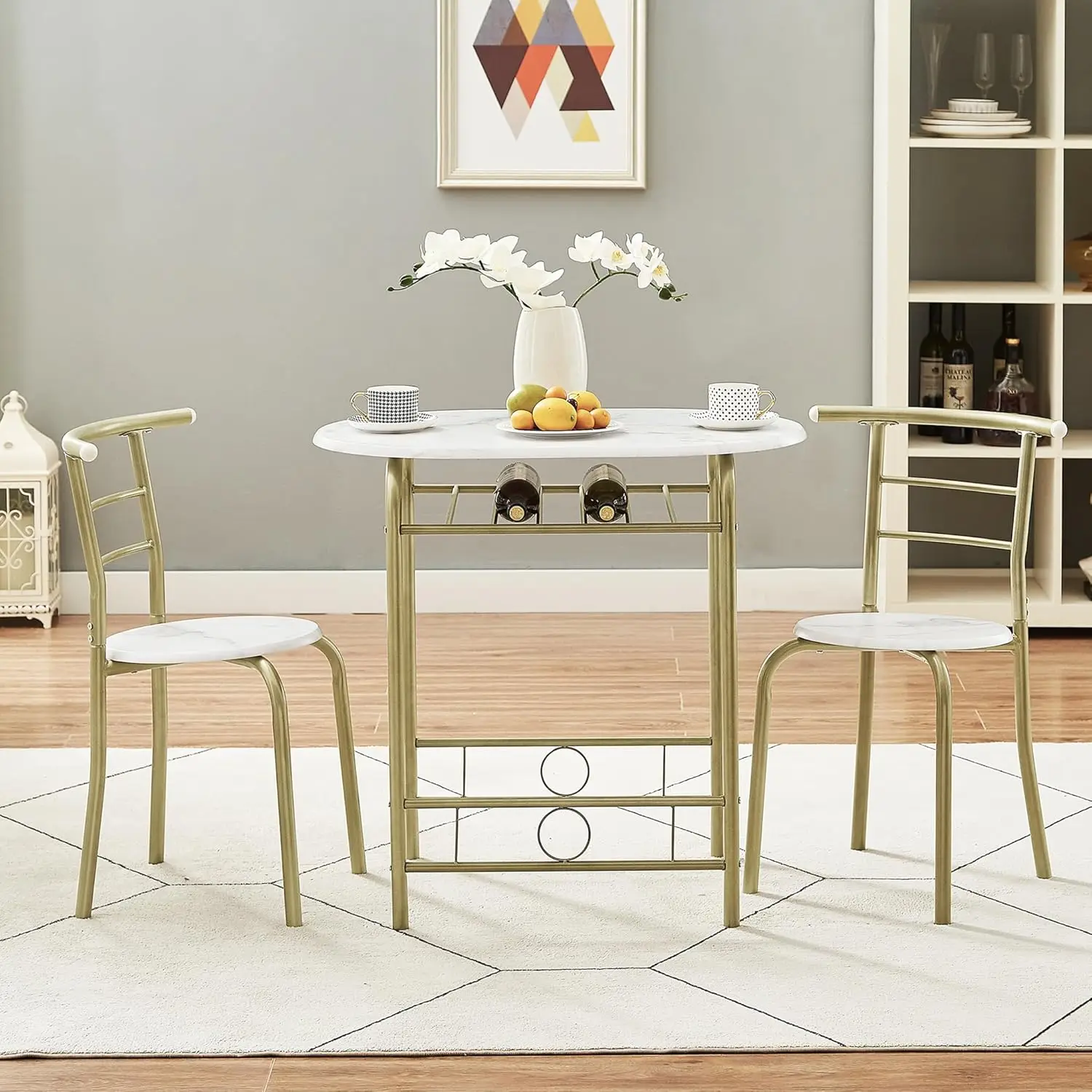3-Piece Dining Table Set. Wood Grain Oval Tabletop. Metal Frame. Built-in Wine Rack. For Small Spaces. White & Gold.
