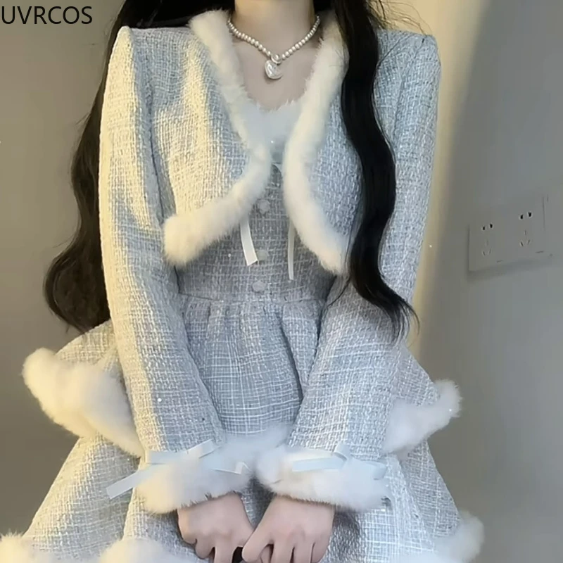 Korean Style Elegant Tweed Plaid Dress Sets Women Plush Patchwork Short Woolen Jackets Sexy Bow Mini Skirt Japanese Fashion Suit 6