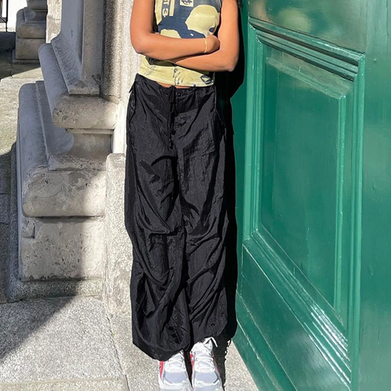 New Fashion Womens Pants Adult Casual Solid Color Loose Fit Drawstring Waistband Pants Female Trousers Club Street Style S M L