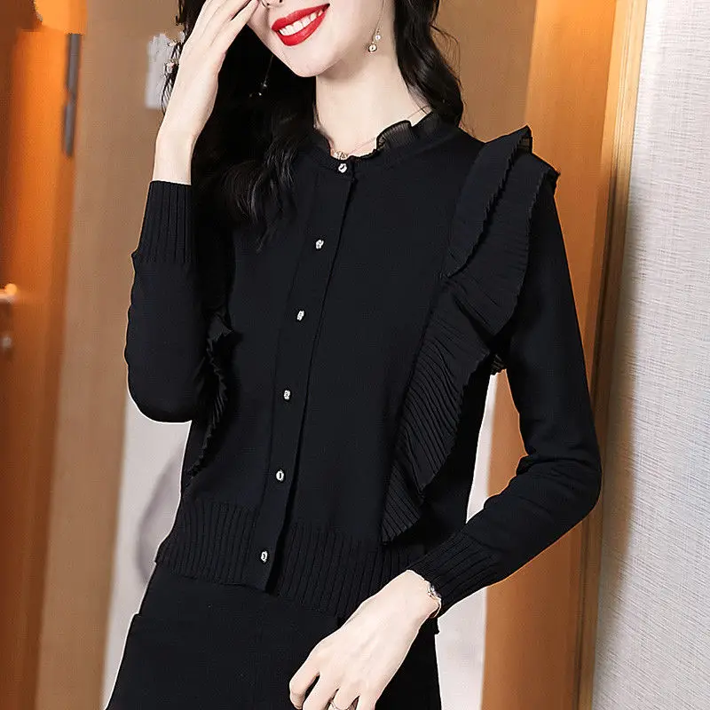 Elegant O-Neck Button Folds Ruffles Shirt Women's Clothing 2023 Autumn New Oversized Casual Tops Office Lady Blouse