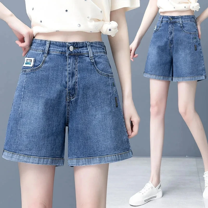 Plus Size Embroidery Denim Women's Shorts Turning Edge Thin Loose Wear Wide Legs High Waist Euryscelia Slim Women Quarter Pants