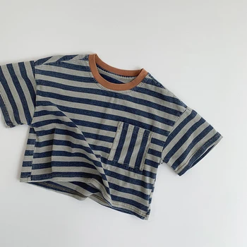 2025 Summer New Children Casual Striped T Shirts Cute Girls Short Sleeve Tops Baby Boys Pocket Tee Infant T Shirts Kids Clothes