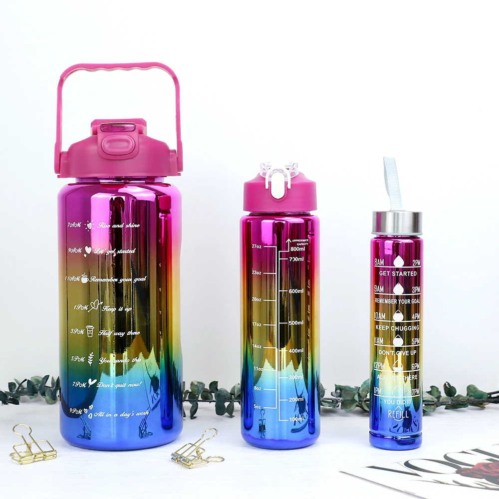 Set of 3 Leak-Proof Electroplated Gradient Water Bottles with Straws and Time Markers - Ideal