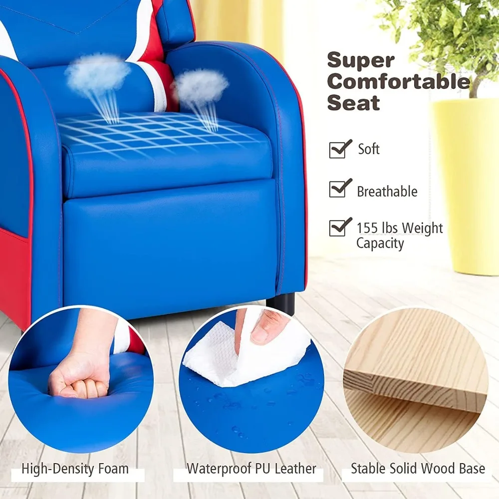 Kids Recliner, Youth Gaming Recliner w/Headrest, Footrest, Lumbar Support, Side Pockets, Adjustable Recliner Sofa for Kids 5