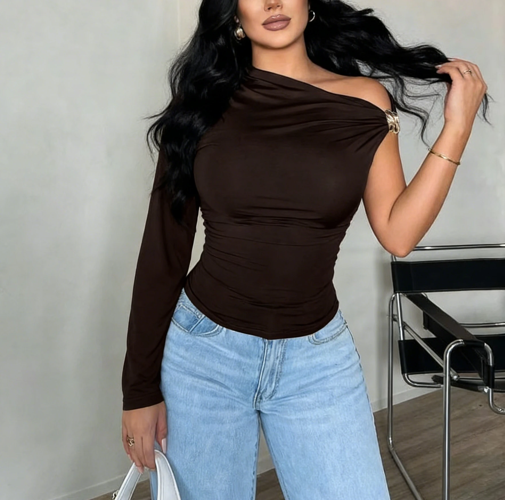 Women's Brown One Shoulder Top Single Long Sleeve Metal Buckle Detail Slim Fit Sexy Elegant Spring Summer Party Date Blouse Top 3