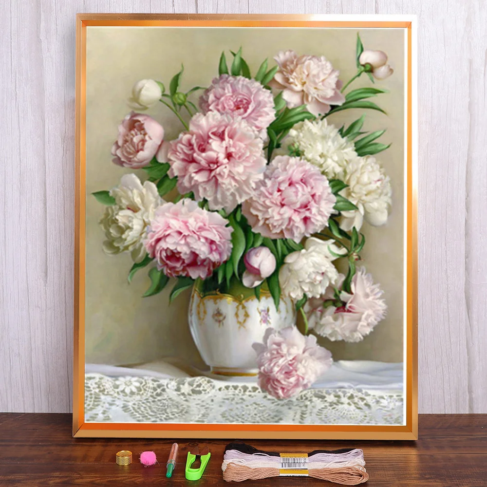 Meian DIY Blumenstickerei Set 11/14CT Lavendel Pfingstrose Sonnenblumenmuster Kreuzstich Kits Bedruckte Leinwand DMC Handarbeit Geschenk – Detail 3
