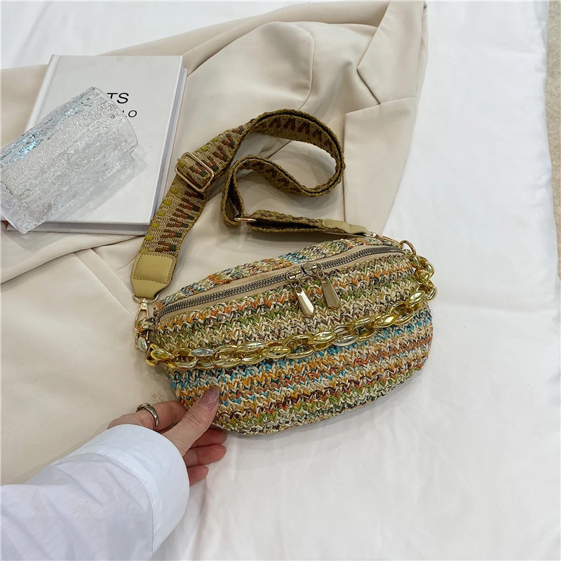 Thick Chain Women's Waist Bag Striped Straw Woven Handbag Purse Summer Fanny  Pack Fashion Boho Travel Chest Bag Femme Belt Bag - AliExpress
