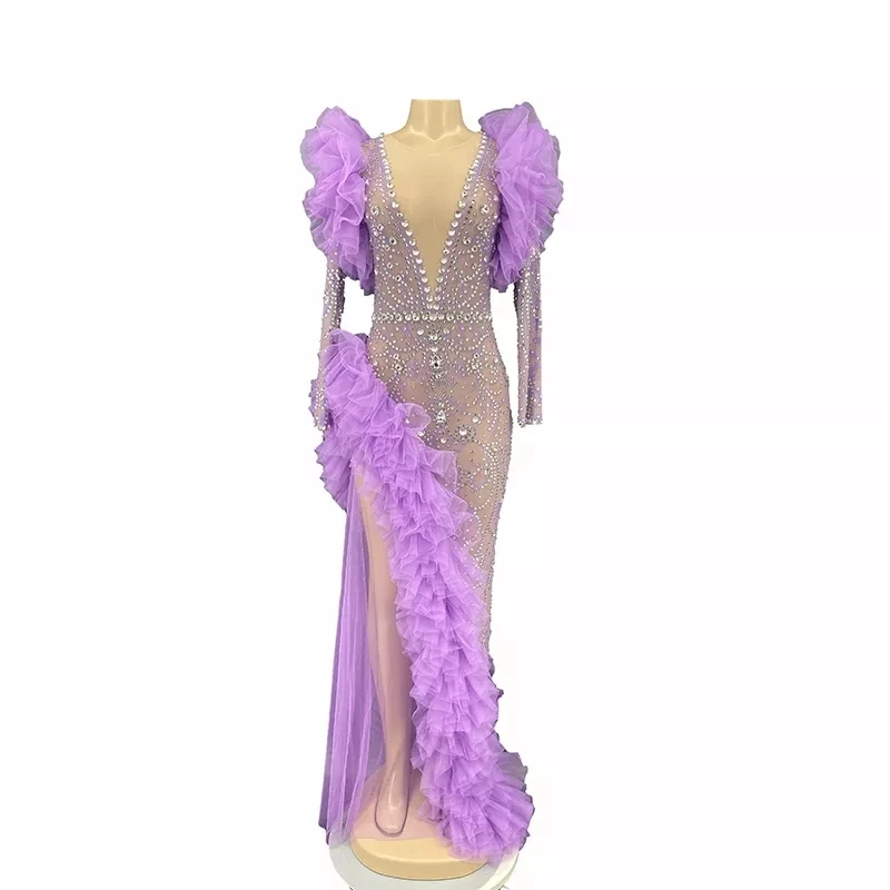 vestido-feminino-de-malha-roxa-com-strass-vestido-longo-transparente-celebracao-de-aniversario-vestido-alto-dividido-roupa-de-carnaval