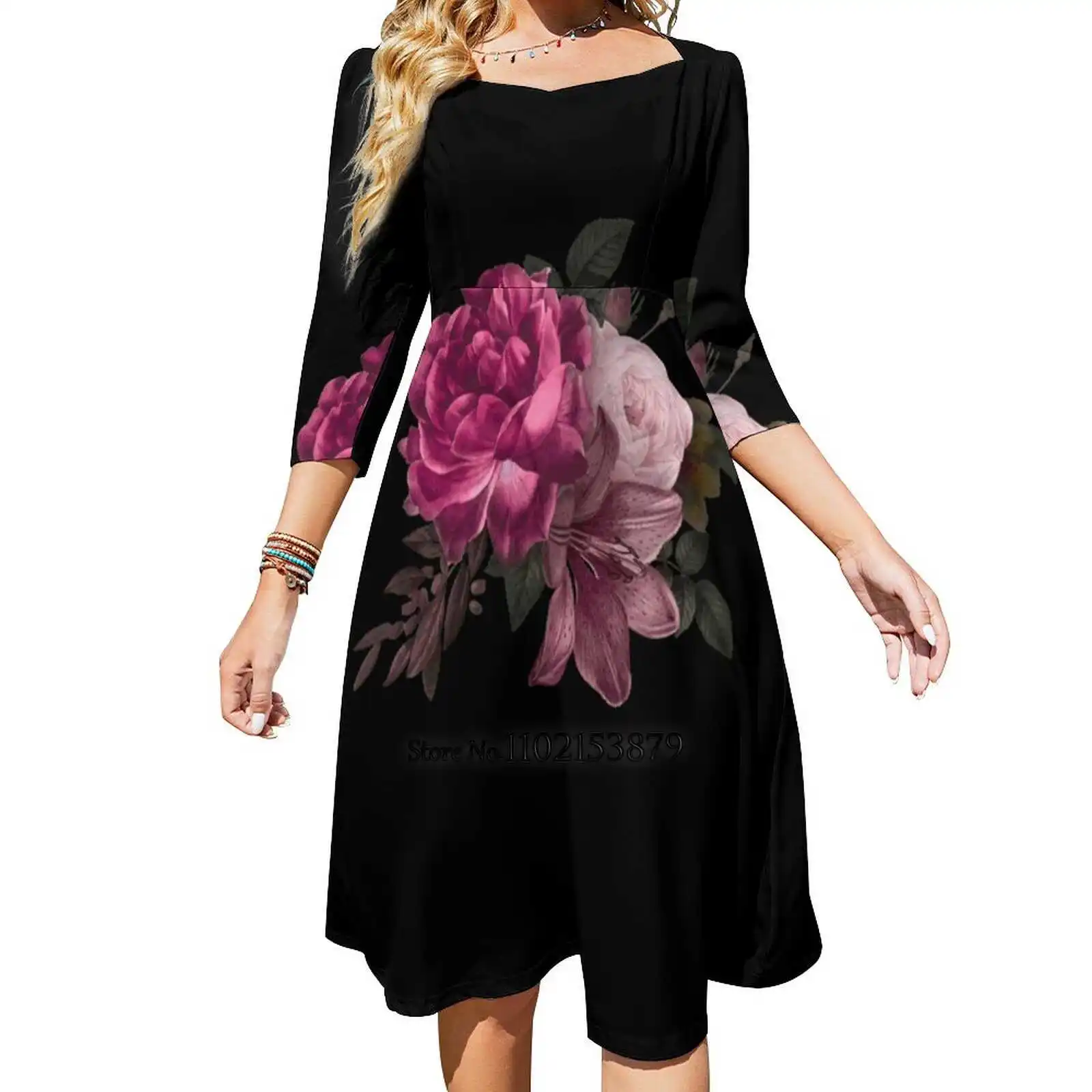 

Flowers Back Lacing Backless Dress Square Neck New Plus Size Elegant Women Dress Fleurs Flowers Blossom Pollen Rose Bloom