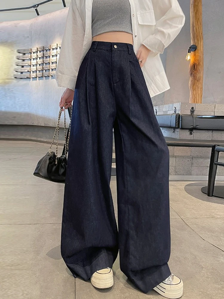 Jean en denim pour femme, style américain, coupe ample, jambe large, décontracté, taille haute, longueur au sol, jambe droite, collection Printemps-Été