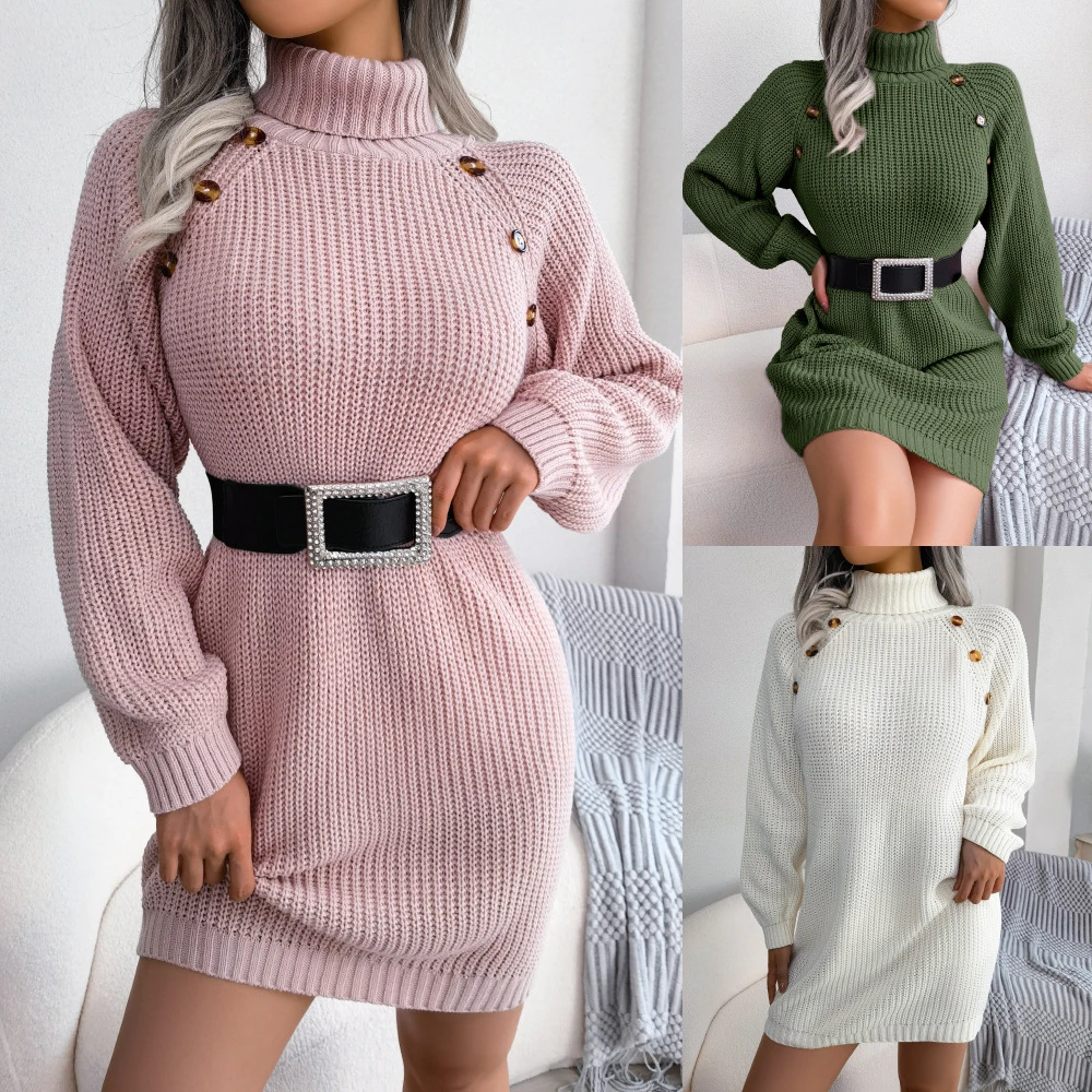 

2024 Autumn/Winter Women'S Casual Button High Collar Warm Versatile Long Sleeve Underlay Woolen Dress