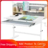39in Wide Adjustable Height Kids Desk with Tilting Desktop, Steel Frame, Drawer, and Bookshelf Hutch, Study Child Table 1