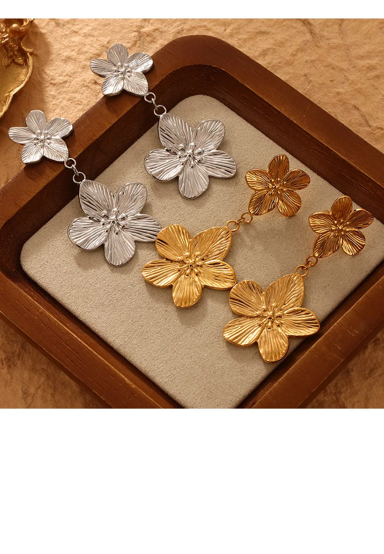 Neue Edelstahl-Blumenohrringe für Damen Luxuriöse Vergoldete Lange Ohrringe für Mädchen Wasserfester Schmuck 2024 Accessoires – Detail 10