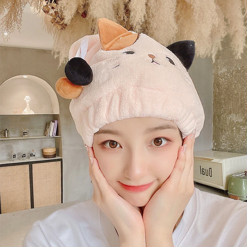Cute Cat Kitten Kid Hair Turban Quick Dry Bath Hair Drying Towel Head Wrap Hat Cap Bathing Tool Cat Ears Pattern Hooded hair towel
