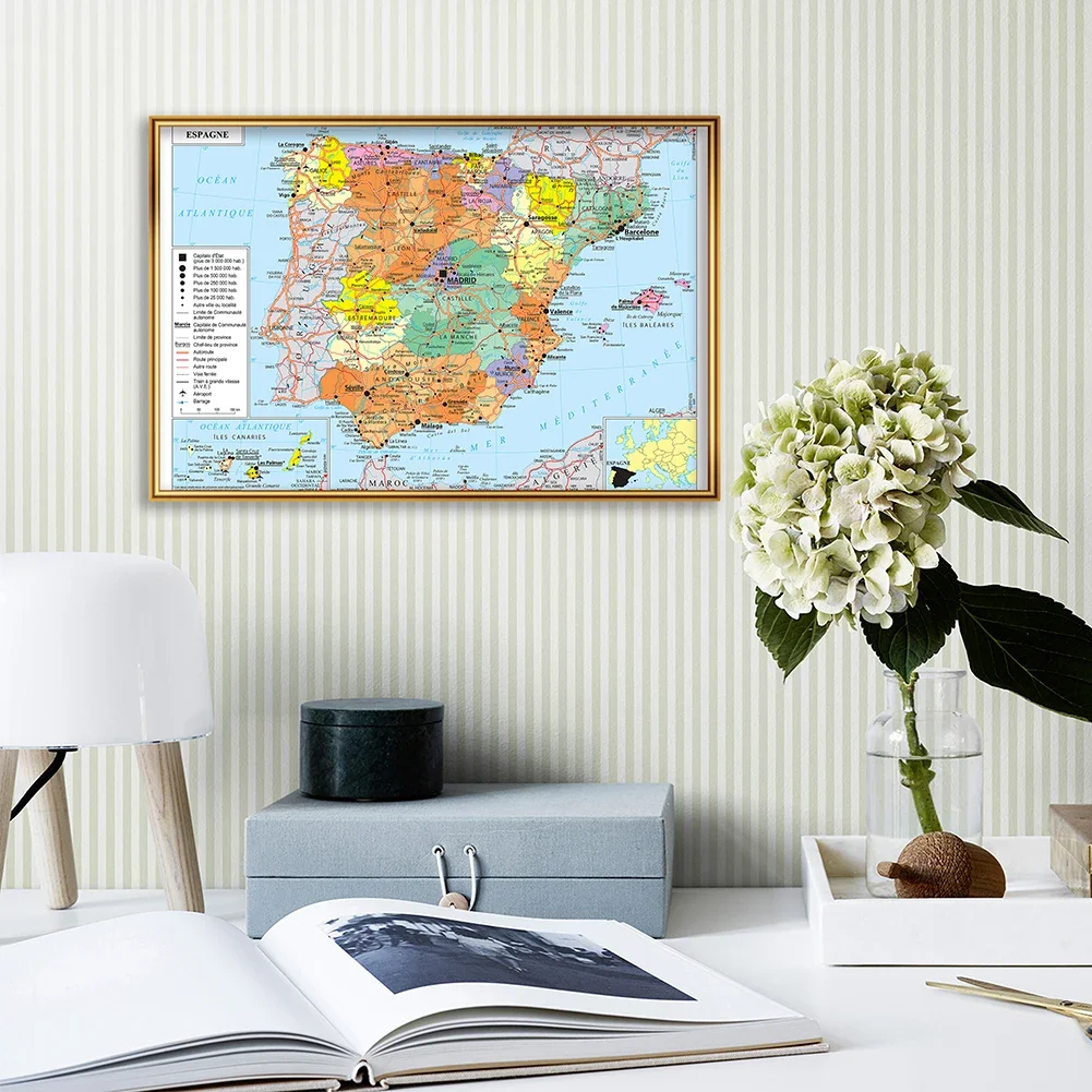 59*42cm The Spain Transportation Political Map French language Wall Art Poster Canvas Painting Travel School Supplies Home Decor