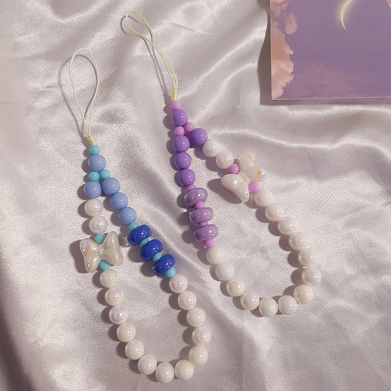 Mobile Phone Strap Short Wrist Bow Beaded Bracelet Candy Colored Bead Pendant Round Bead Pendant Universal Phone Ant