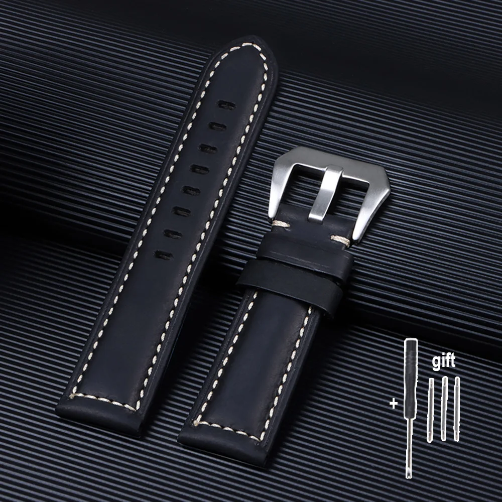 Genuine Crazy Horse Leather Watchband - Black, Blue, Brown Bracelet, 20mm-26mm