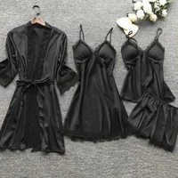 4PCS Sleepwear Pajamas Set Silk Women Nightdress Lace Dress Robe Sleep Nightwear Silk Solid Color Pijama Sets - Image 2