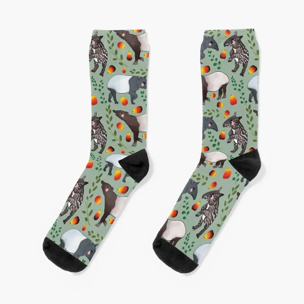 Black Tapir - Cute Black and Green Digital Illustration Animal Pattern Socks Run cute compression warm winter Socks Man Women's