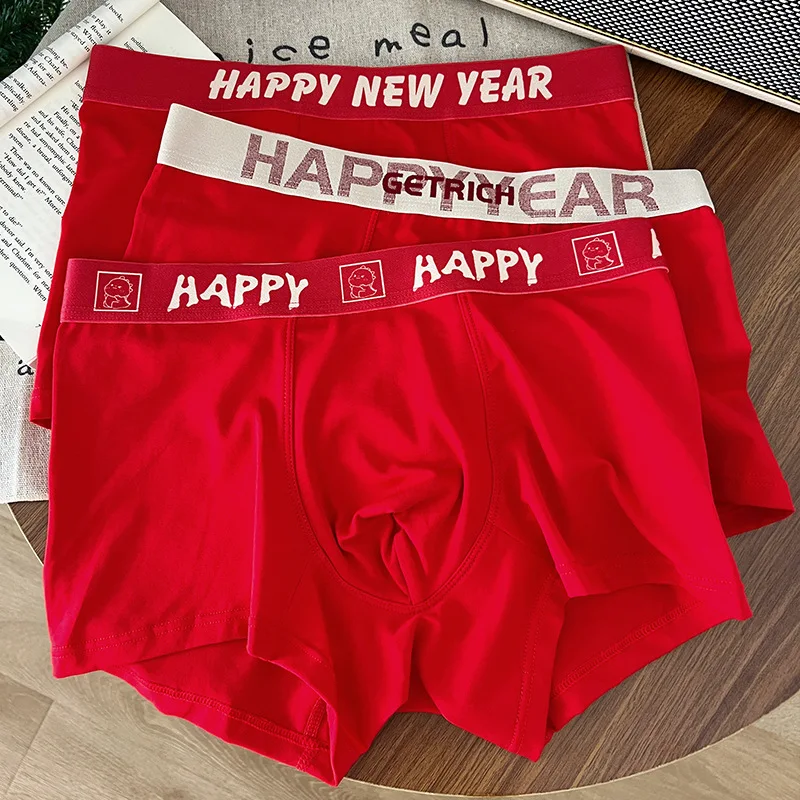New Year's Red Lucky Men's Underwear Flat Corner Pants Sports Shorts3PCS
