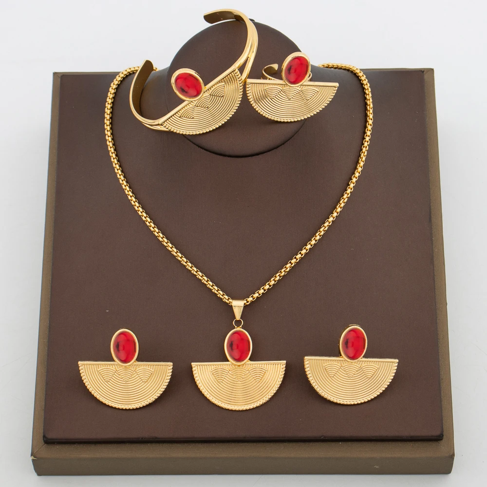 

Trend Jewelry Set for Women Stone Design Pendant and Earrings Necklace Set for Party Dubai African New Bangle Ring 4Pcs Set Gift