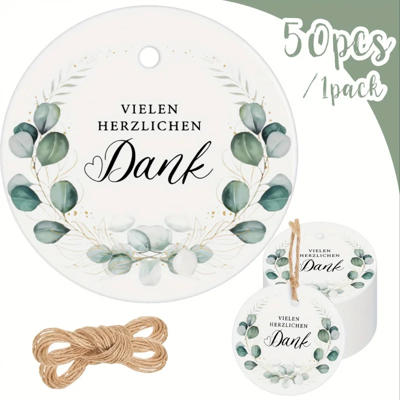 50 Stück elegante Eukalyptusblätter-Dankeschön-Geschenkanhänger, 5 cm runde Papieretiketten mit Schnur für Hochzeit, Dusche