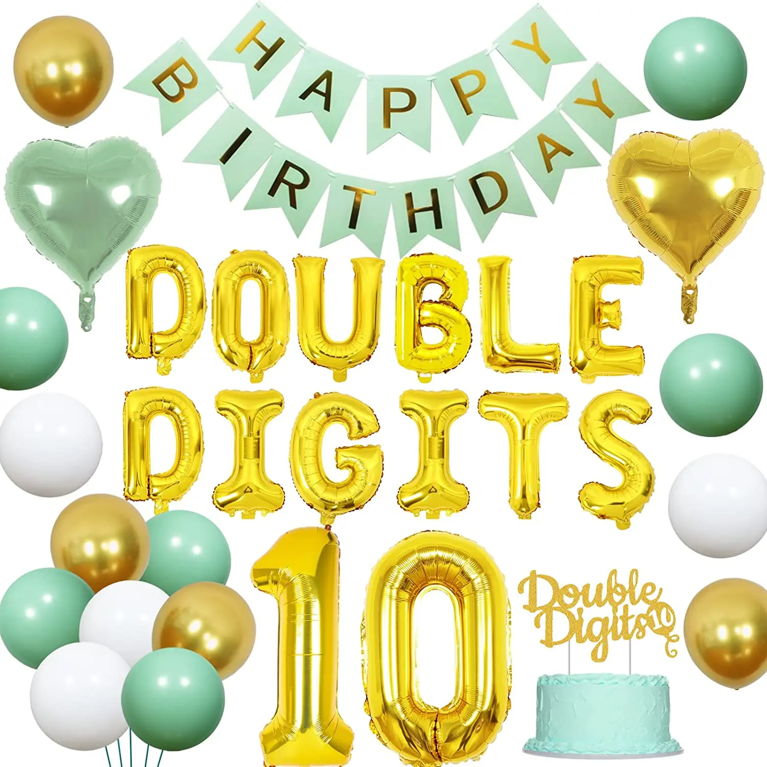

10th Birthday Decorations Gold Double Digits Number 10 Foil Balloon Green Happy Birthday Banner for 10th Birthday Party Supplies