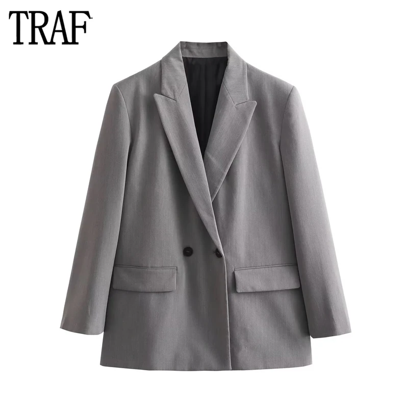TRAF Grey Oversize Long Blazer Women Double Breasted Blazers for Women Winter Office Jacket Women Masculine Blazer Woman 2024