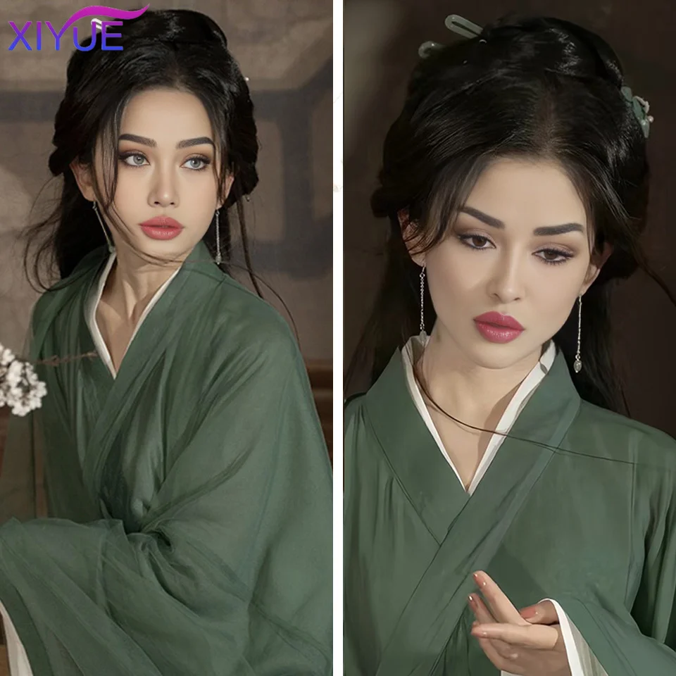XIYUE  Chinese Ancient Wig Women Hanfu Wigs Headdress Photography Dance Accessory Wigs Black For Women Integrated Hair bun