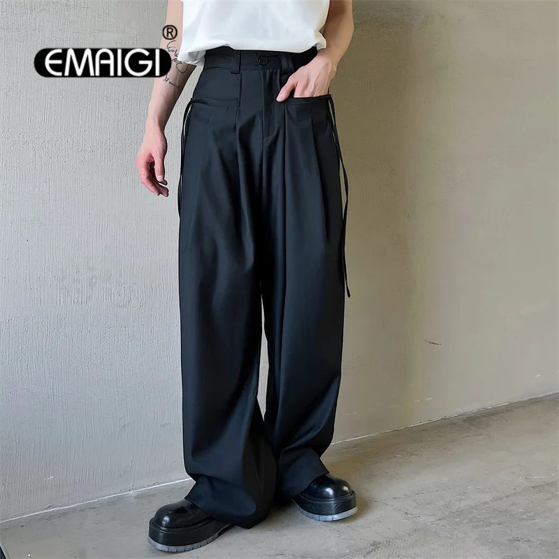 

Men Ribbon High Waist Casual Loose Straight Wide Leg Pants Net Celebrity Japan Korean Streetwear Fashion Male Long Trousers