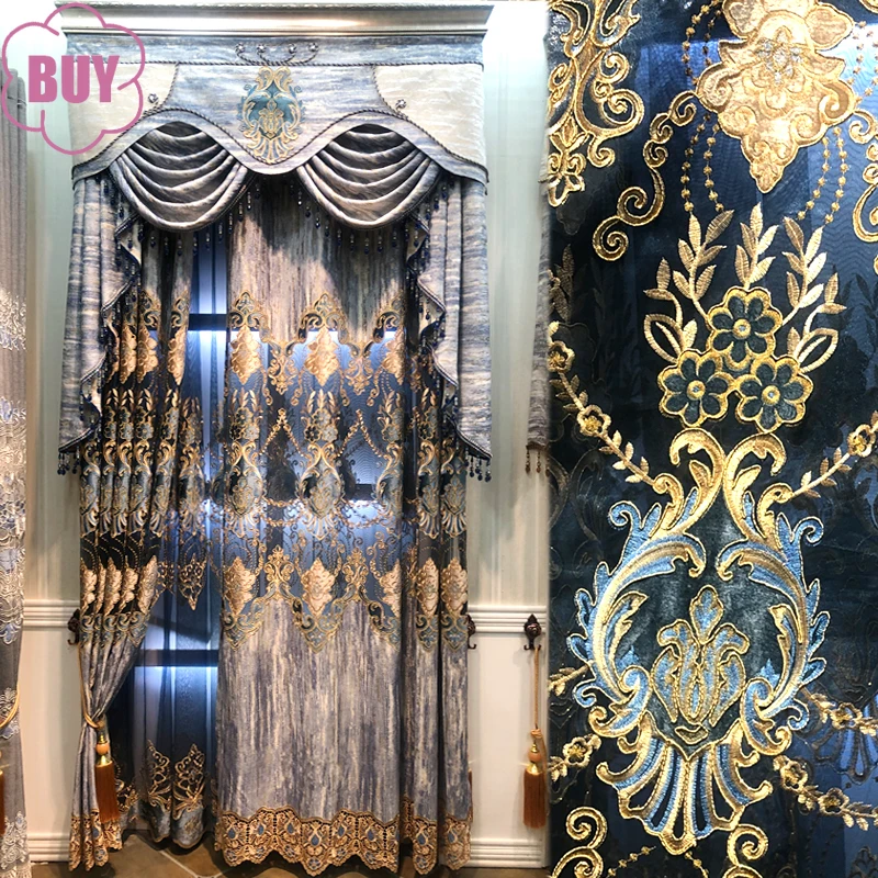 

European Blue Gray Embroidered Window Screen Jacquard Hollowed Out Chenille Curtains for Living Room Bedroom French Window Villa