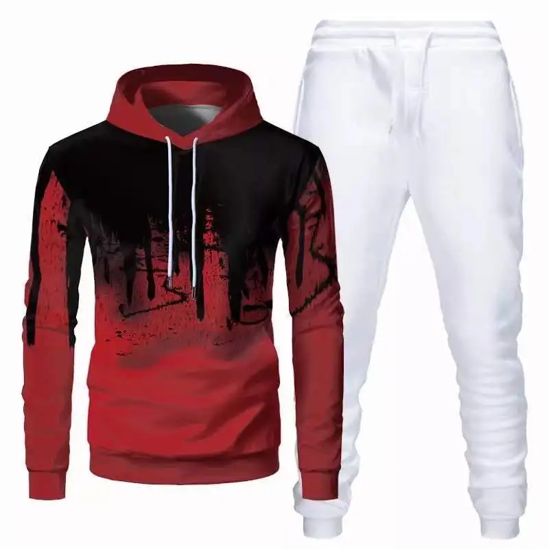 Men's Casual Fashion Solid Color Sweater Long Sleeve Sports Hooded 3D Sweater Trousers Suit