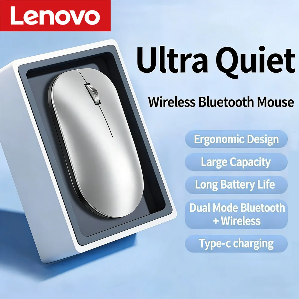 Souris sans fil Bluetooth Lenovo 2.4G, double mode, charge Type-C, silencieuse, ergonomique, portable, pour ordinateur portable, bureau, jeux, universelle