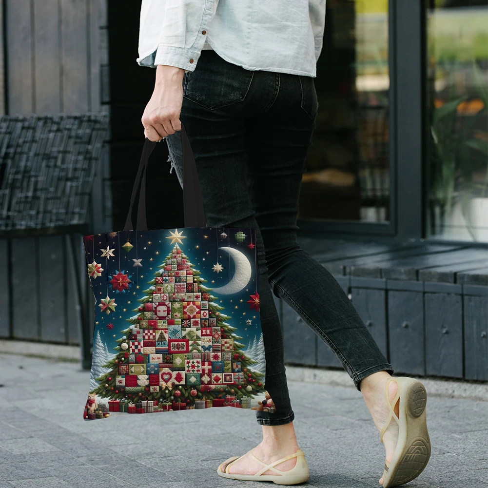 Linen Christmas Tree Large Capacity Tote Bag