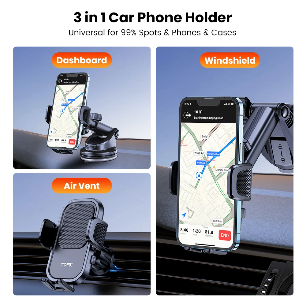 Car Phone Holder Adjustable 360° Rotation Car Phone Mount for Dashboard/Windscre