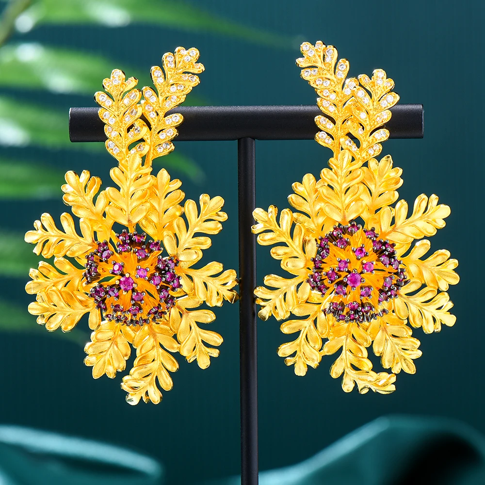 

Missvikki Vintage Golden Snow Flower Dangle Earrings For Women Wedding Party CZ Engraving Dubai Bridal Earrings Fashion Jewelry
