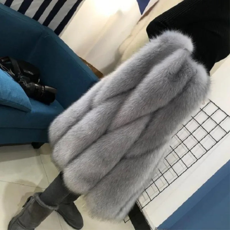 2023 Autumn Winter New Women Faux Fox Fur Coat Mid-Length Waistcoat Fashion Vest Female Casual Keep Warm Temperament Outwear