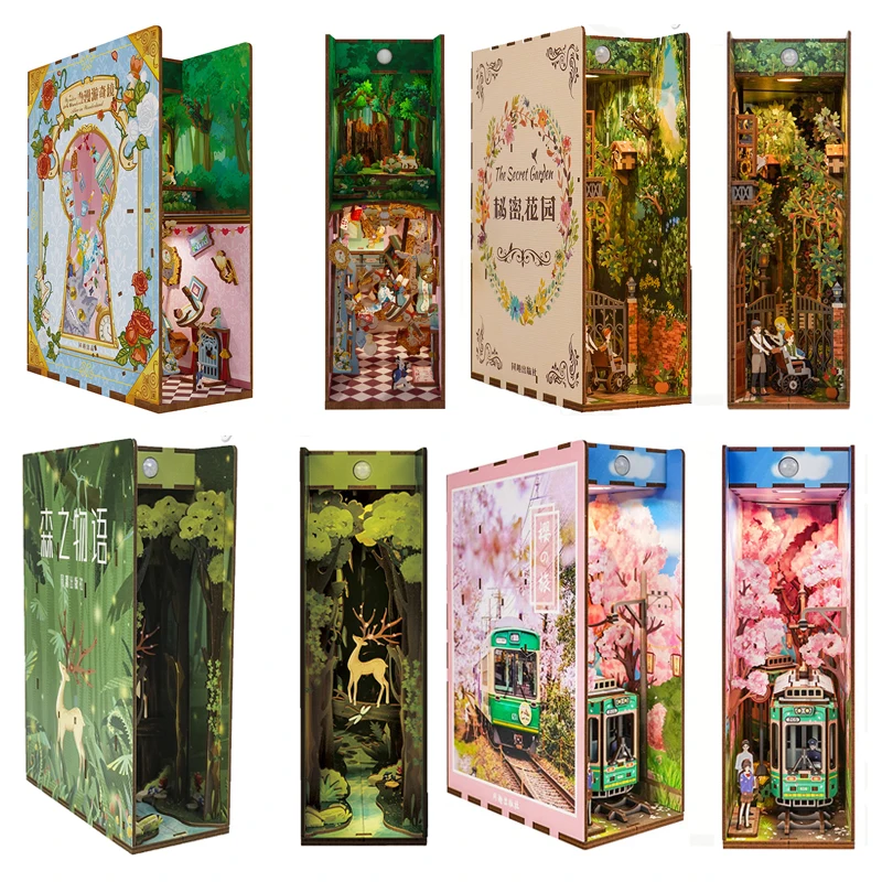 DIY Book Nook Wooden Miniature Model Kit Balloon Town Famous Movie Casa Bookend Assembled 3D Puzzle Bookshelf Home Decor Gifts 6