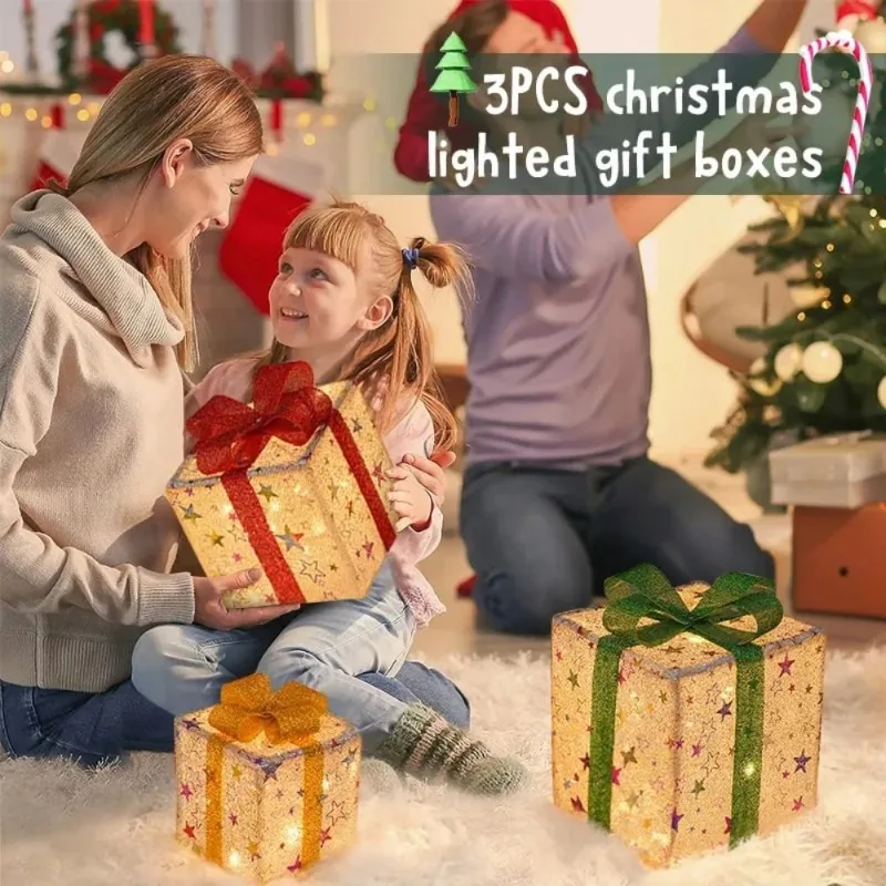 

3pcs LED Christmas Lighted Gift Box Set Present Boxes With Bowknot New Year Ornaments Under Xmas Tree Decor Party Supplies 2023