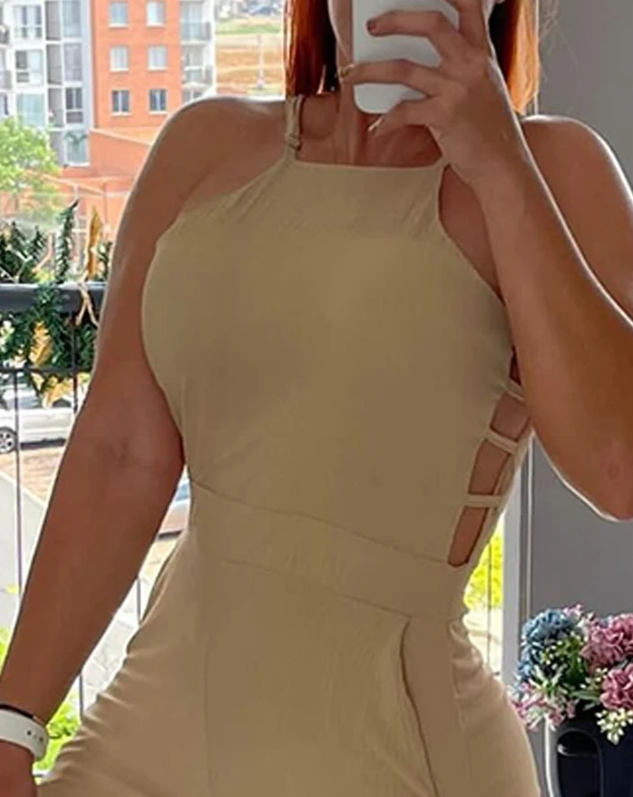 Jumpsuit for Women 2024 Summer Sexy Square Neck Hollow Out Pocket Design Wide Leg Jumpsuit Casual Sleeveless Long Jumpsuit