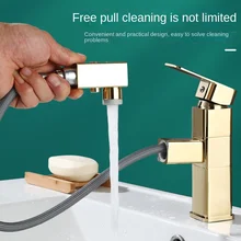 

New Golden Basin Faucet Copper European-Style Pull-out Faucet Bathroom Inter-Platform Basin Washbasin Hand Pool Mouthwash Hot an