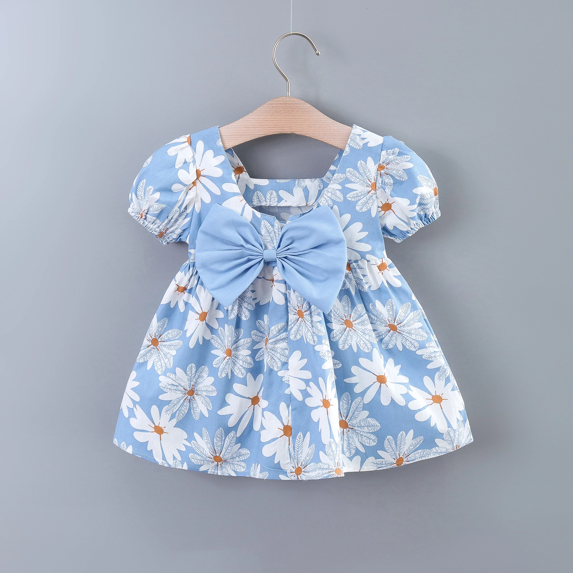 Baby Girls Casual Floral Graphic Print Puff Sleeve Bowknot Back Dress Clothes For Summer