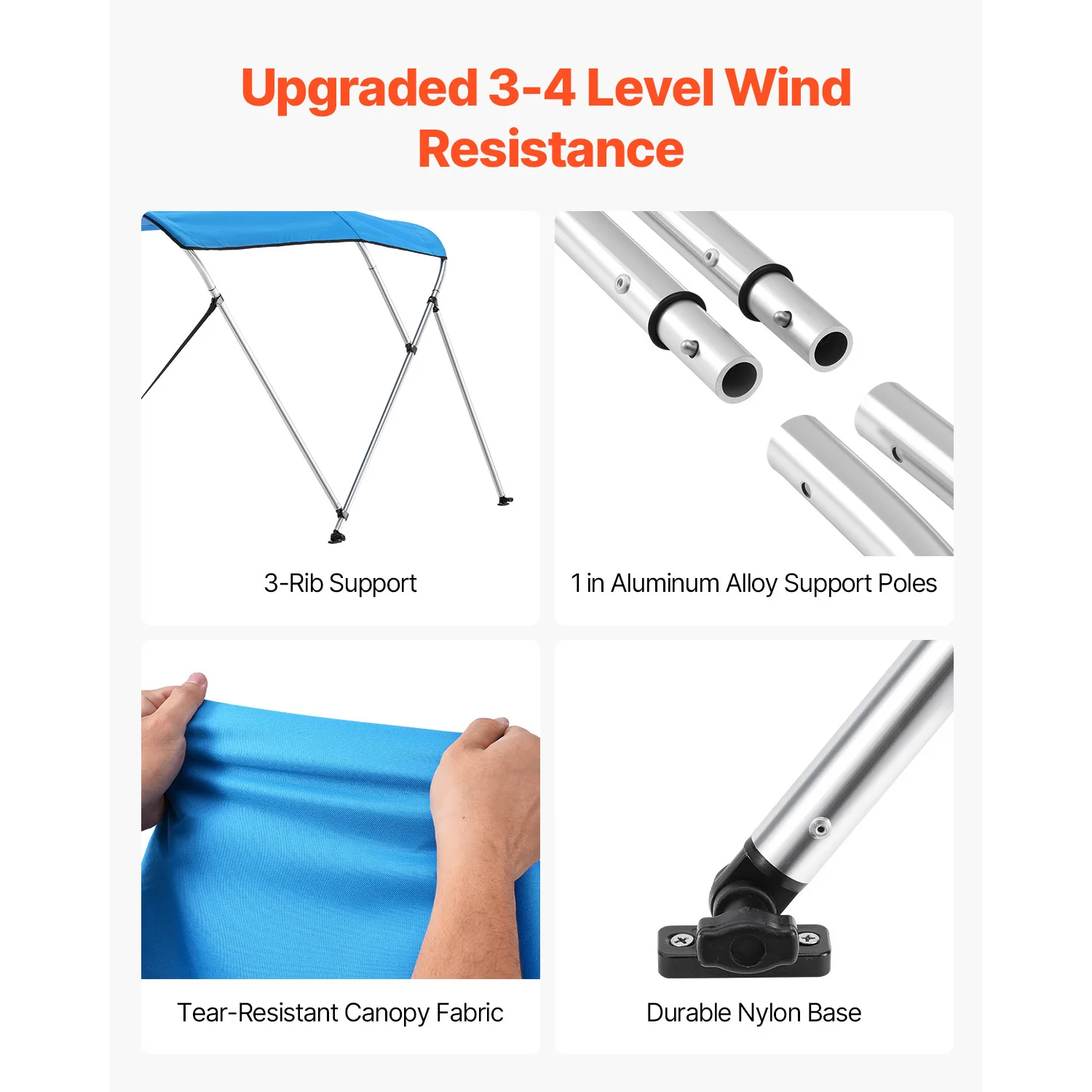 SucceBuy 3 Bow Boat Bimini Tops 600D Polyester Canopy with Aluminum Alloy Frame Waterproof Sun Shade Awning Canopy Fit for Boat