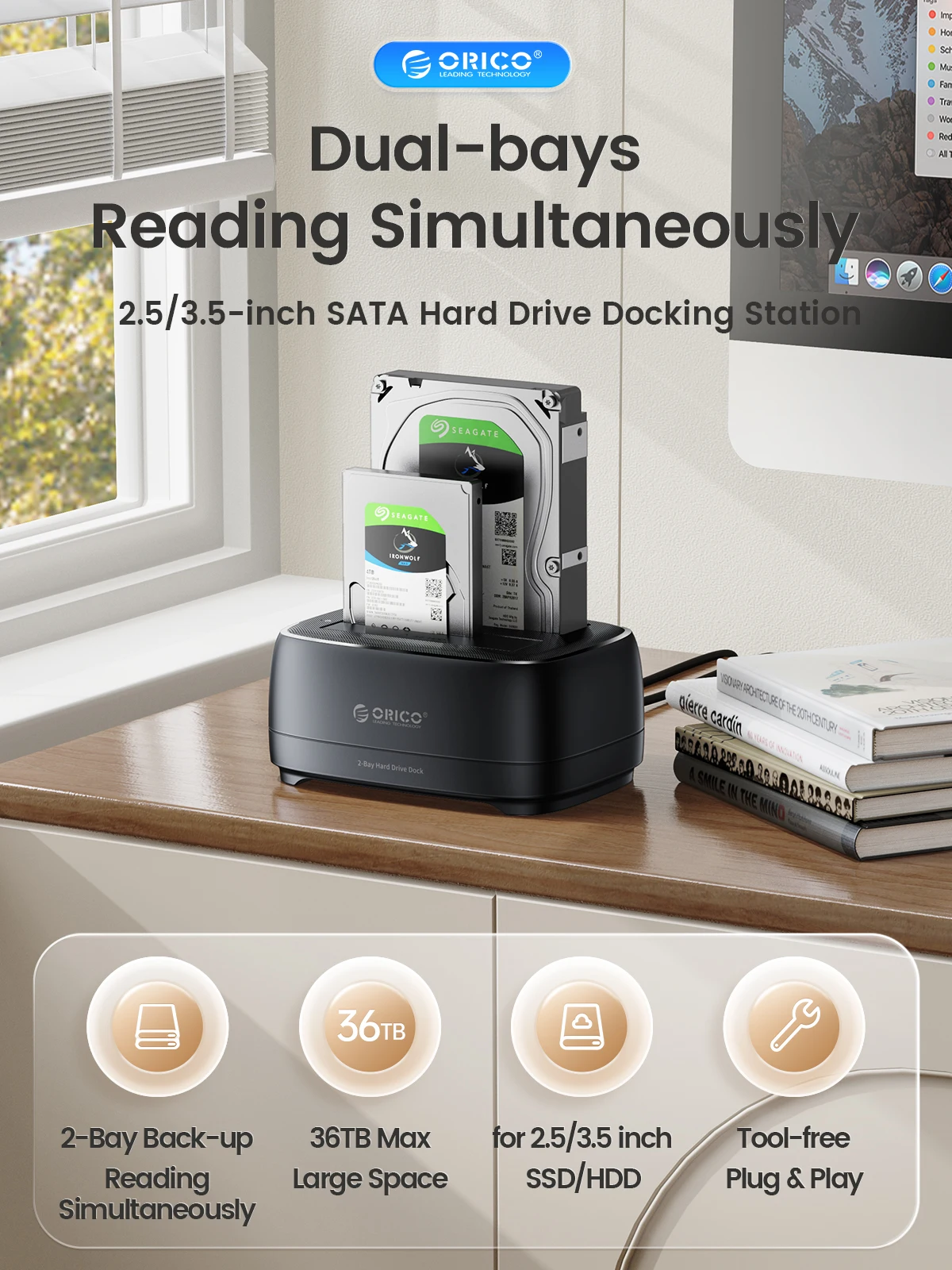 Estação de Disco Rígido Orico Dual-bay Usb3.0 5gbps Tipo-c Hdd Docking Station com 12v 3a Adaptador de Energia para 2.5 3.5 Polegada Hdd Ssd - Imagem 5