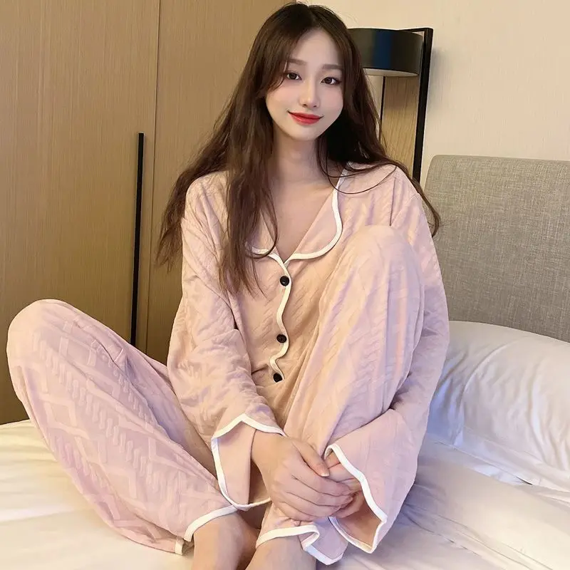 2024 Pure Cotton Pajamas Spring Autumn Women Long Sleeve High Sense Homewear Female Casual Solid Color Simple Nightclothes Suit