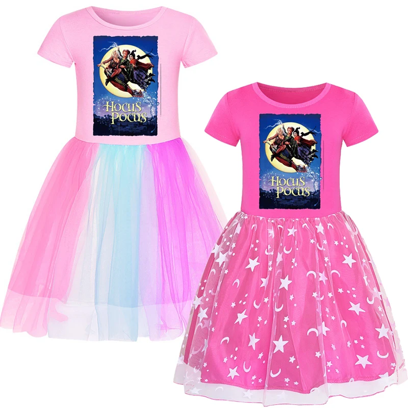Disney Hocus Pocus Summer Girls Halloween Purple Nightmare Witch Dress Rainbow Star Moon Mesh Dress Girls Birthday Gift