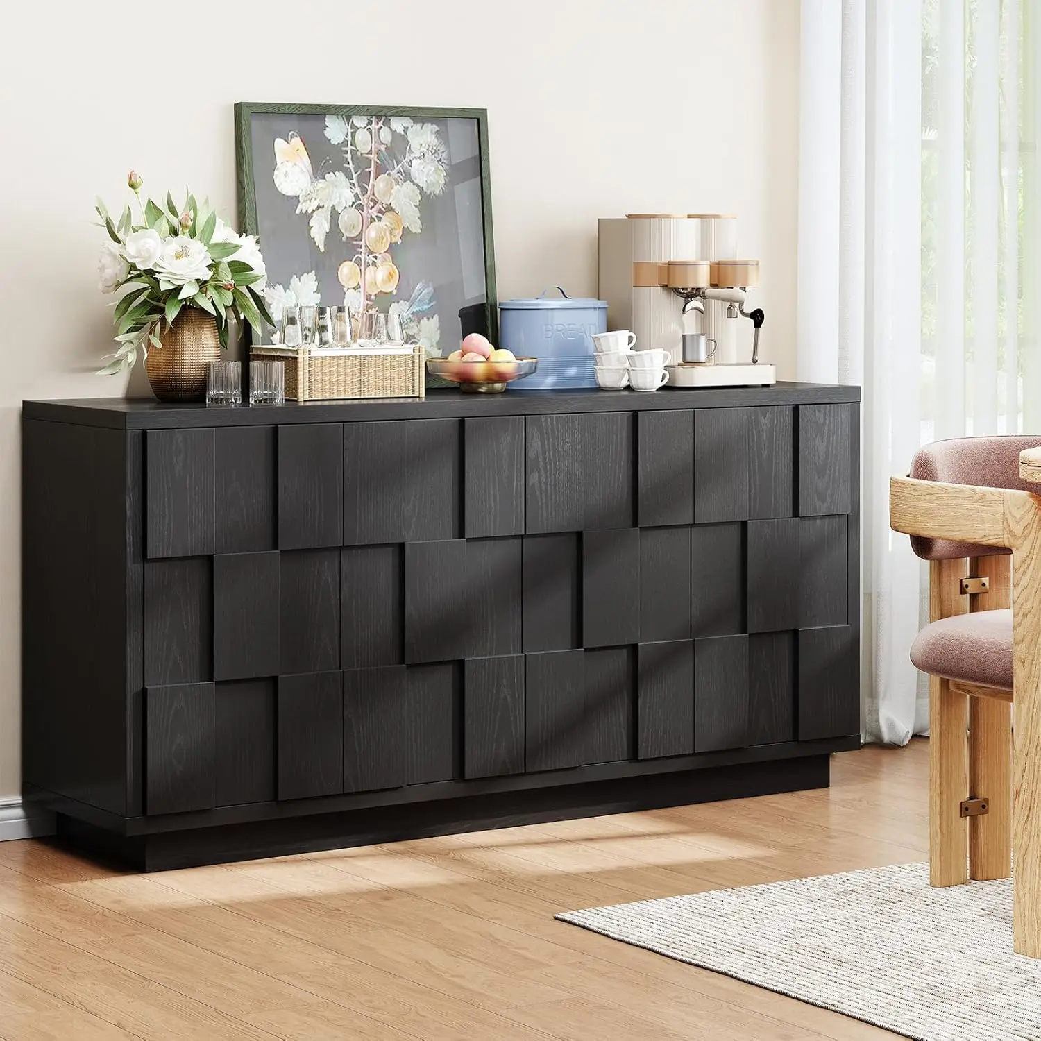 60" Sideboard Buffet Cabinet with Storage, Irregular Panel Design Credenza Mid Century Farmhouse Coffee Bar Cabinet with 4 Doors