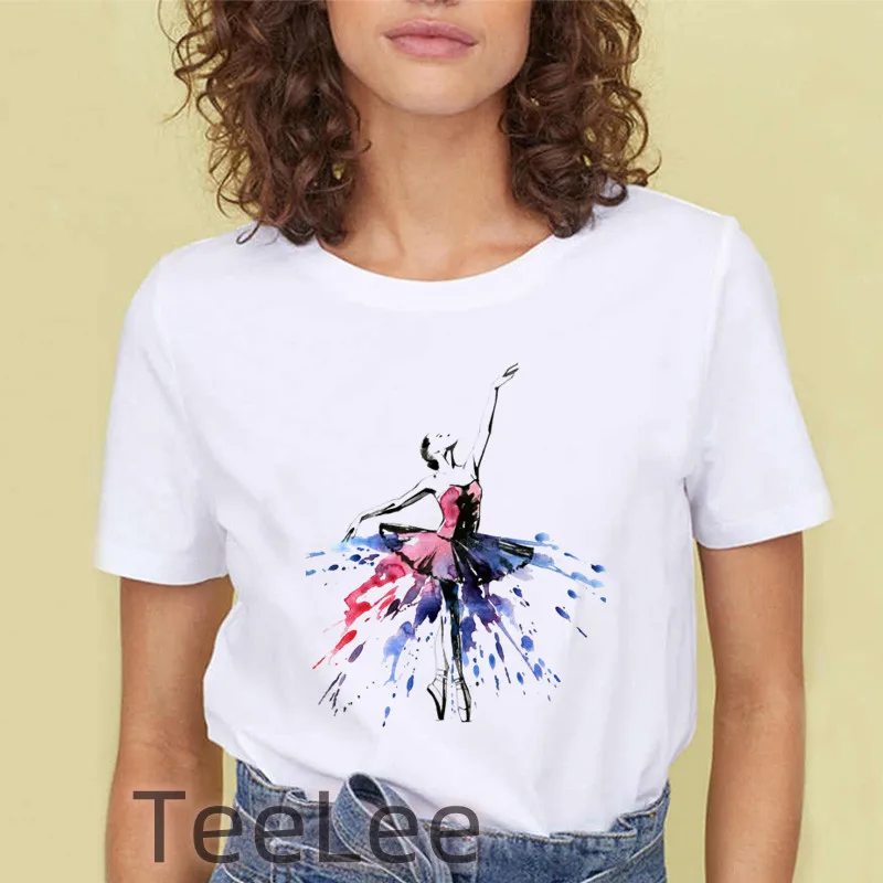 

Women Ballet Dancer Printing Watercolor Ladies Flower 90s Fashion Short Sleeve Clothes Tshirt Female Tee Top Graphic T-shirt