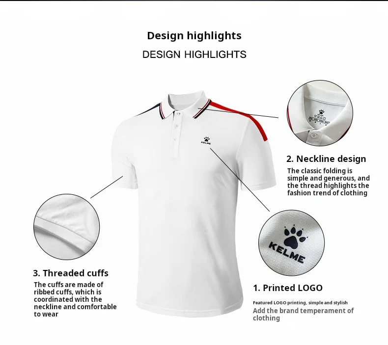 Kelme Summer Men's Short Sleeved Cotton Solid Color Sports Polo Shirt With Polo Collar Slim Fit T-shirt For Daily Competition