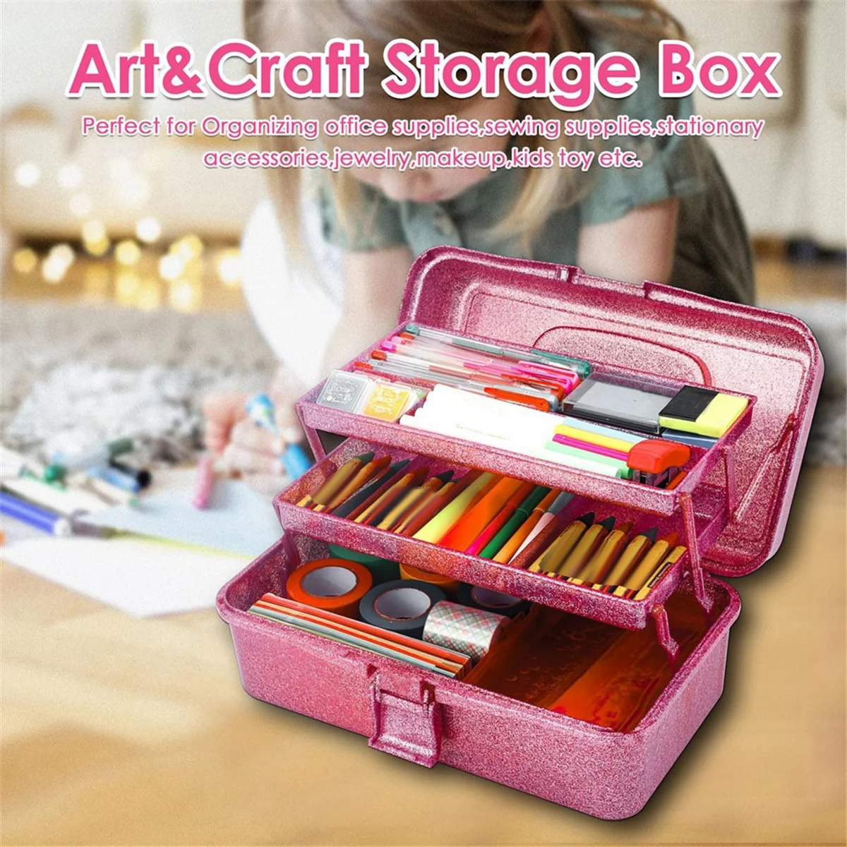 JHD Glitter Pink & Craft Tool Storage Box,3-Layer Stackable Carry Tackle Box Sewing Box Organizer for Art 3